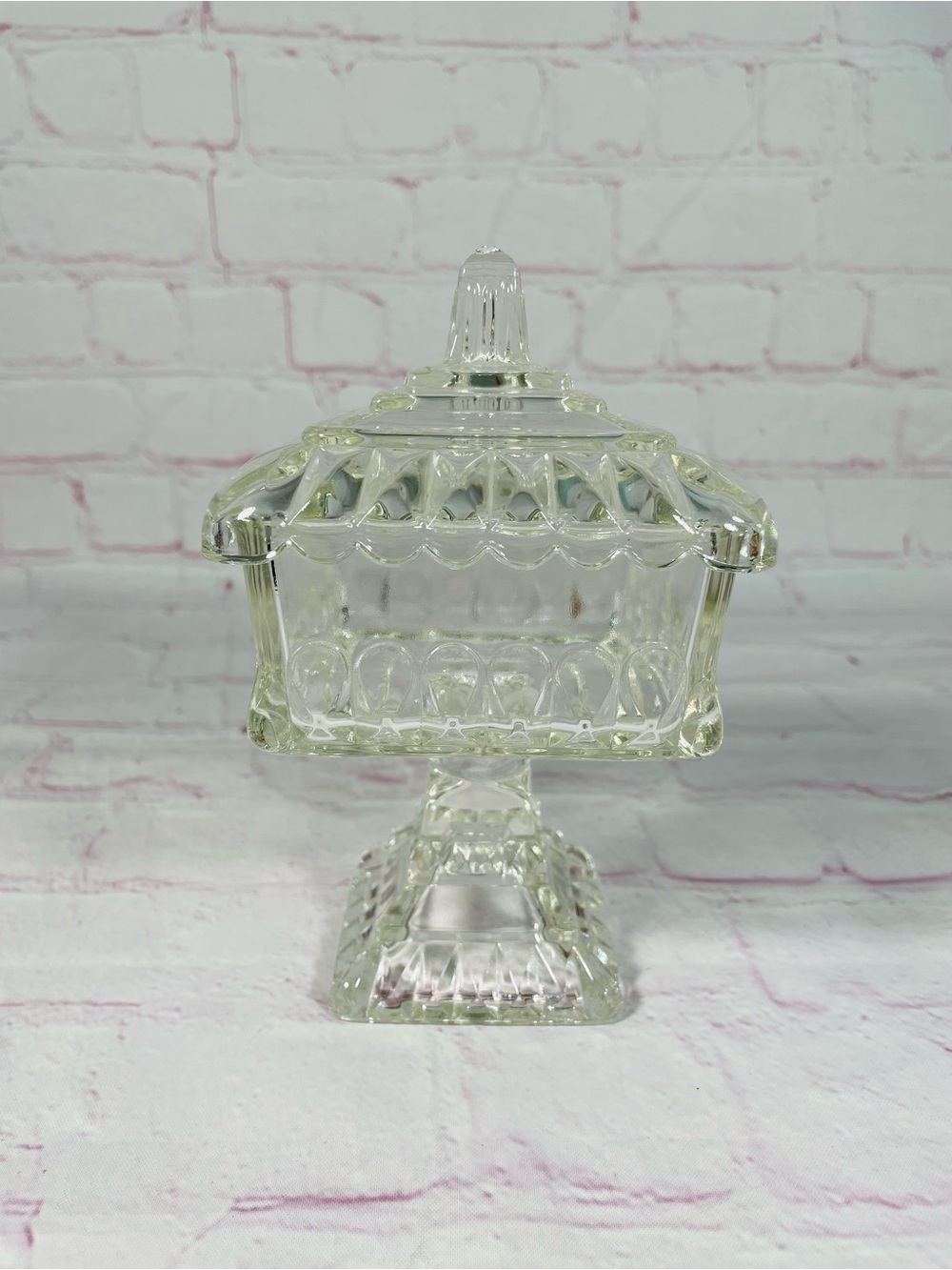 Vintage Jeanette Glass Wedding Box Square Pedestal Clear Glass Lidded Candy Dish